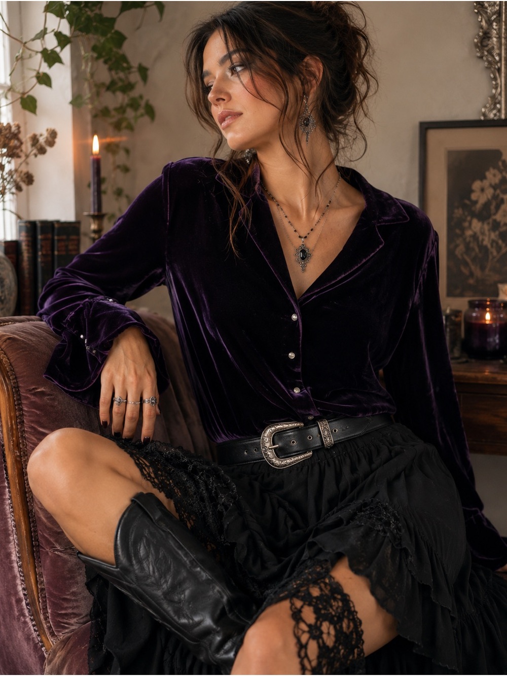 Ralph Lauren Dark Purple Velvet Button-Up top whimsy goth romantic size small - Picture 9 of 9